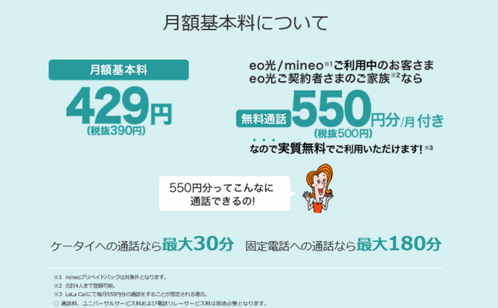 eo光／mineo利用者は無料通話550円分が付与 - LaLaCall