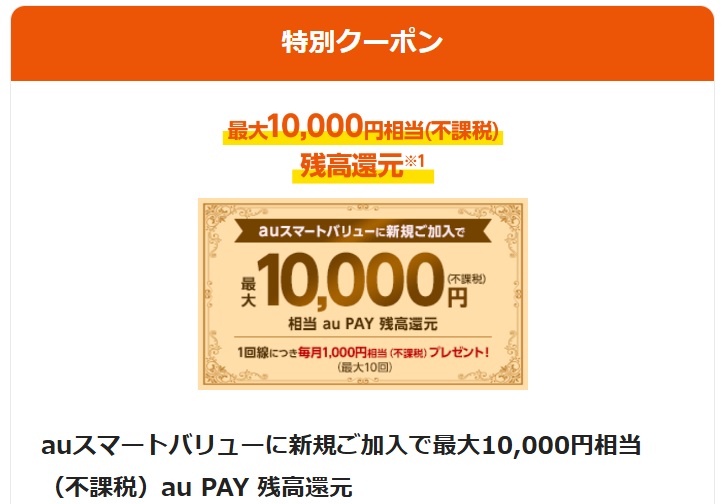 新規加入で最大10,000円相当の特別クーポンあり（eo光×auスマートバリュー）
